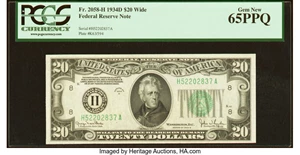 image for: Fr. 2058-H $20 1934D Wide Federal Reserve Note. PCGS Gem New 65PPQ....