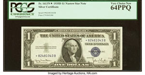 image for: Fr. 1613N* $1 1935D Narrow Silver Certificate Star. *-B Block. PCGS Very Choice New 64PPQ....