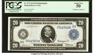 image for: Fr. 972 $20 1914 Federal Reserve Note PCGS About New 50....