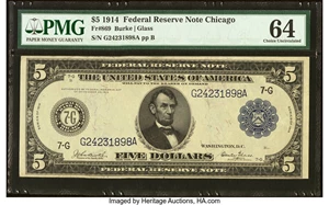 image for: Fr. 869 $5 1914 Federal Reserve Note PMG Choice Uncirculated 64....