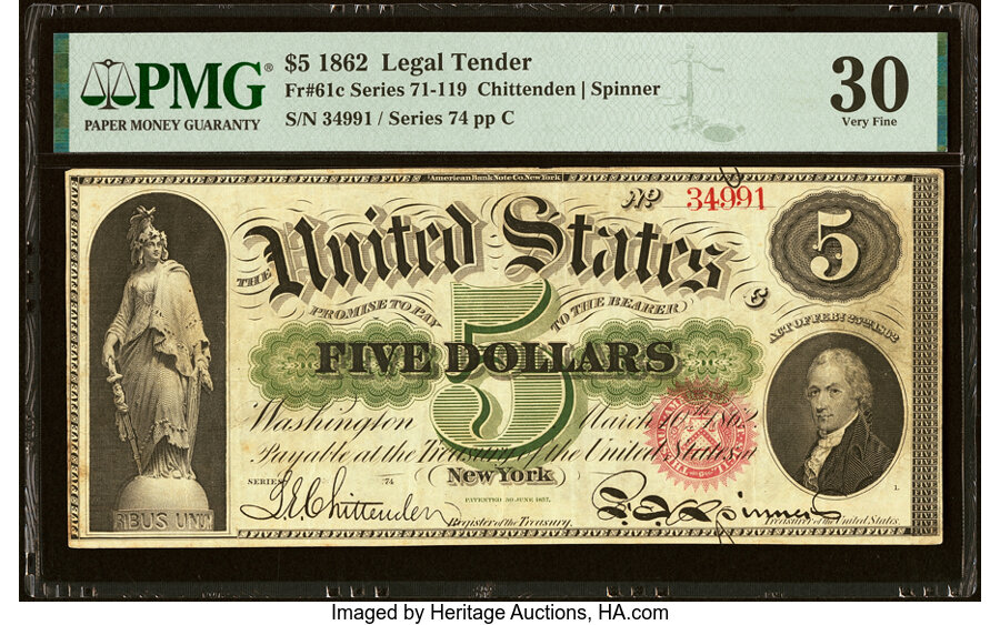 image for: Fr. 61c $5 1862 Legal Tender PMG Very Fine 30....