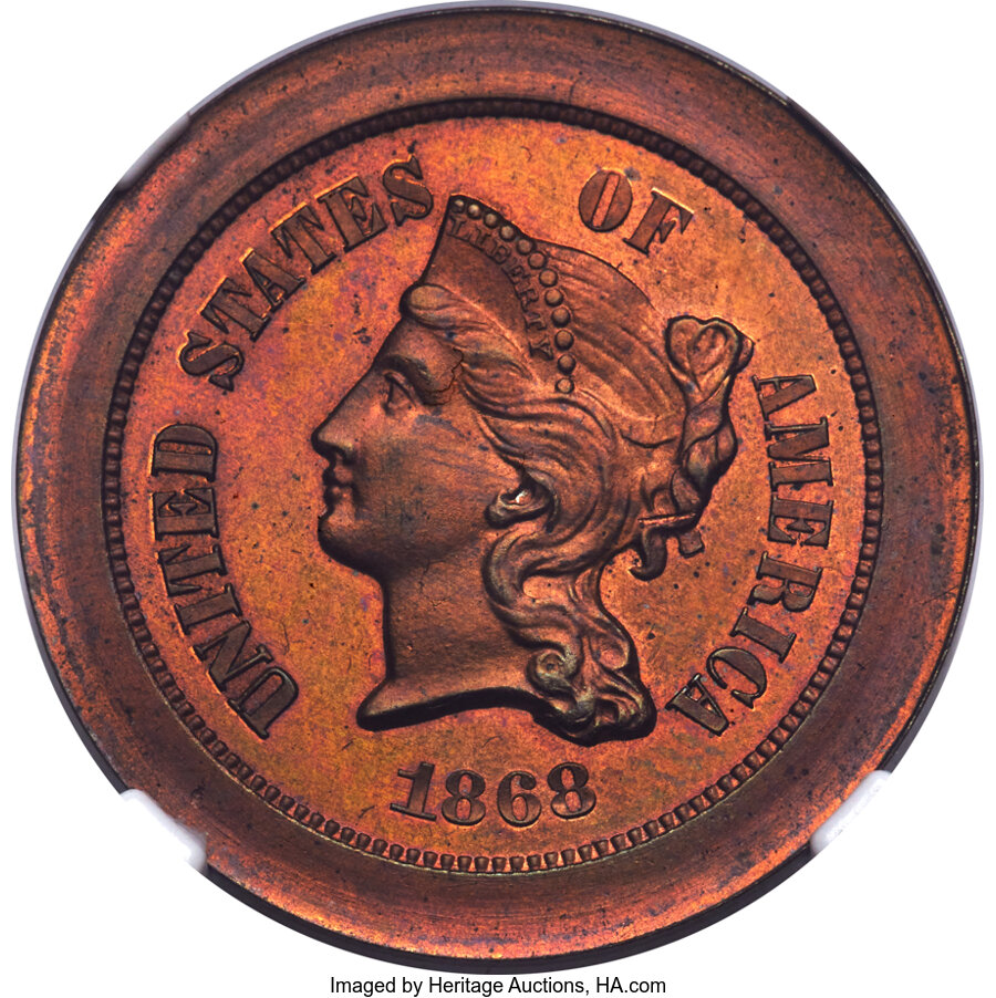 image for: 1868 5C Nickel, Judd-627, Pollock-696, High R.6, PR64 Red and Brown NGC....