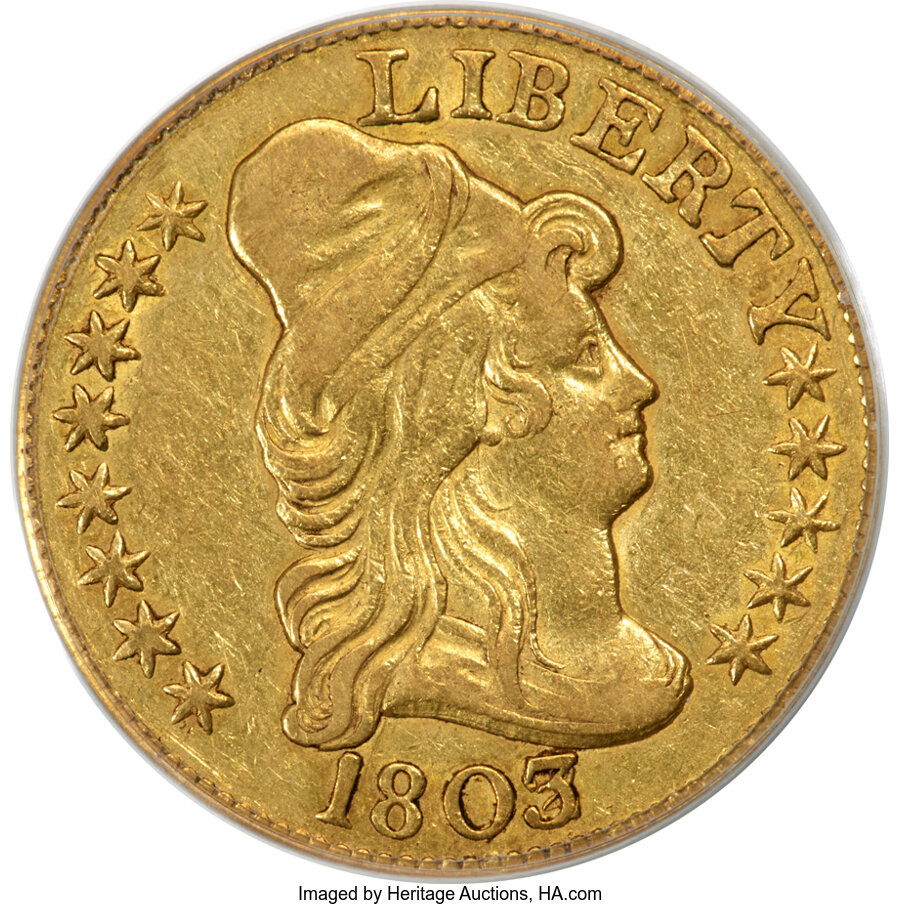 image for: 1803/2 $5 BD-1, R.4, XF45 PCGS. CAC. This piece is housed in a Generation 3.1 green label holder. PCGS Population: (0/2). N...