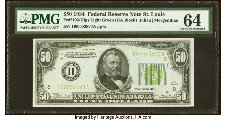 image for: Fr. 2102-H $50 1934 Light Green Seal Federal Reserve Note. PMG Choice Uncirculated 64....