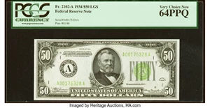 image for: Fr. 2102-A $50 1934 Light Green Seal Federal Reserve Note. PCGS Very Choice New 64PPQ....