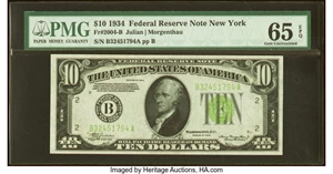 image for: Fr. 2004-B $10 1934 Light Green Seal Federal Reserve Note. PMG Gem Uncirculated 65 EPQ....