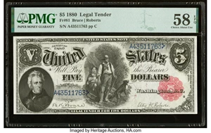 image for: Fr. 81 $5 1880 Legal Tender PMG Choice About Unc 58 EPQ....