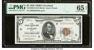 image for: Fr. 1850-D $5 1929 Federal Reserve Bank Note. PMG Gem Uncirculated 65 EPQ....