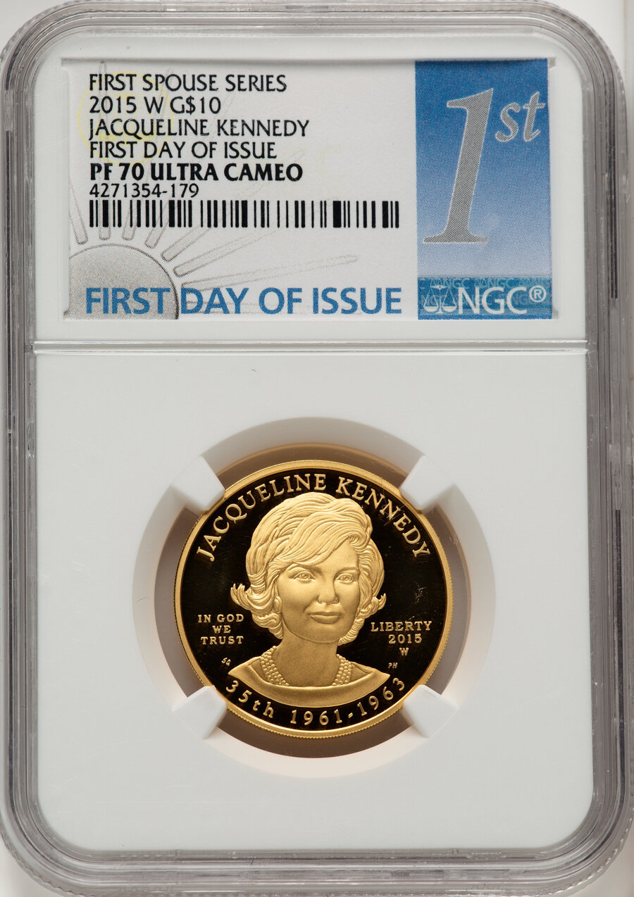 image for: 2015-W $10 Jacqueline Kennedy Half-Ounce Gold Ten Dollar, First Day of Issue, PR70 Ultra Cameo NGC. Ex: First Spouse Series...