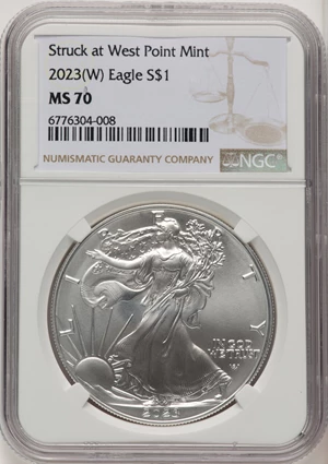 image for: 2023(W) $1 Silver Eagle, Struck at West Point, MS70 NGC. Mintage 5,393,005....
