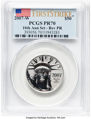 image for: 2007-W $50 Half-Ounce Platinum Eagle, Reverse Proof, 10th Anniversary Set, First Strike, PR70 PCGS....