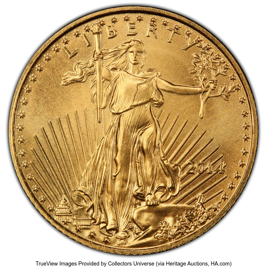 image for: 2014 $5 Tenth-Ounce Gold Eagle, Wide Reed, MS68 PCGS. PCGS Population: (9/110 and 0/0+)....
