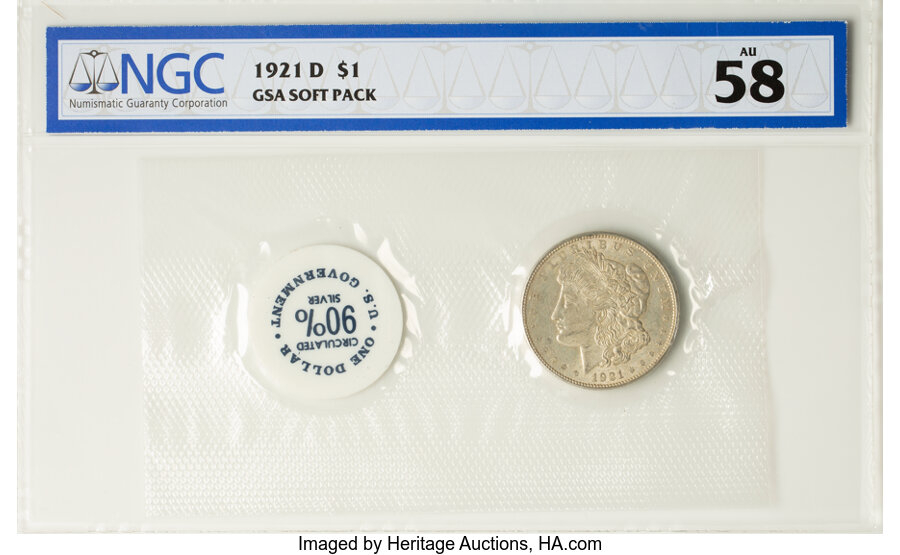 1921-D $1 GSA Soft Pack AU58 NGC. Mintage 20,345,000....