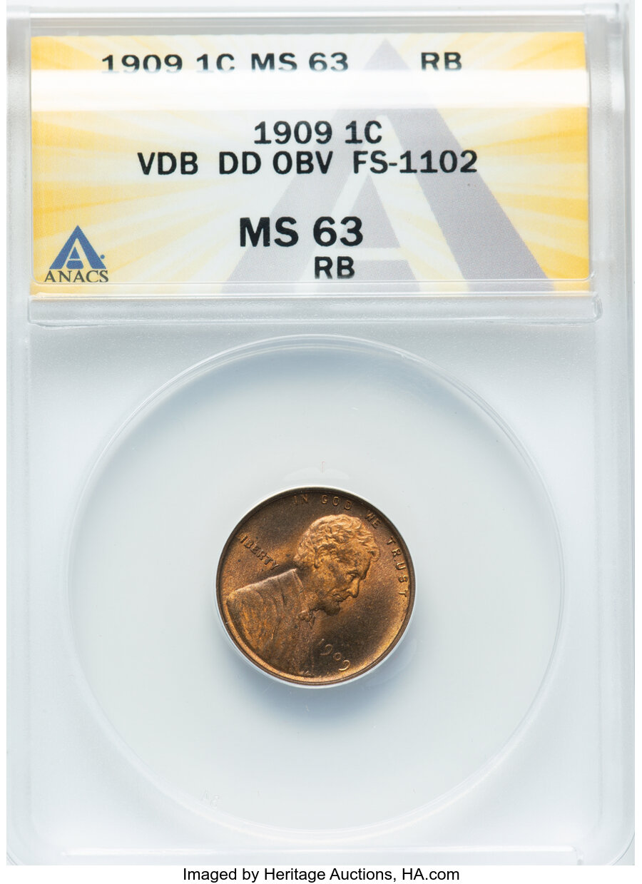 image for: 1909 1C VDB Doubled Die Obverse FS-1102, MS63 Red and Brown ANACS....