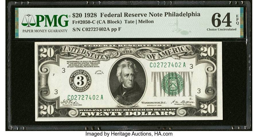 image for: Fr. 2050-C $20 1928 Federal Reserve Note. PMG Choice Uncirculated 64 EPQ....