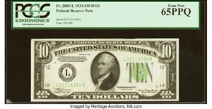 image for: Fr. 2005-L $10 1934 Federal Reserve Note. PCGS Gem New 65PPQ....