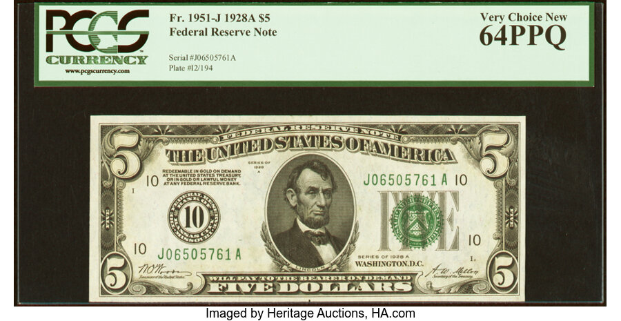 image for: Fr. 1951-J $5 1928A Federal Reserve Note. PCGS Very Choice New 64PPQ....