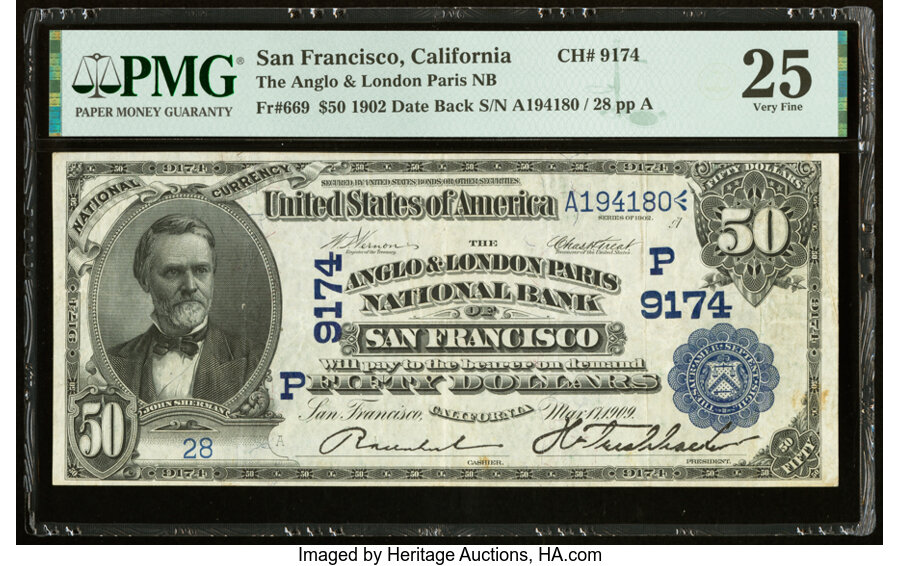 image for: San Francisco, CA - $50 1902 Date Back Fr. 669 The Anglo & London Paris National Bank Ch. # (P)9174 PMG Very Fine 25....