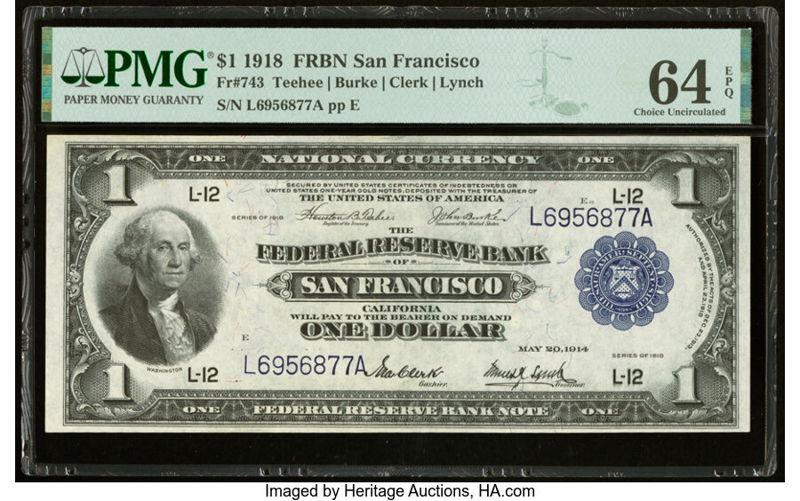 image for: Fr. 743 $1 1918 Federal Reserve Bank Note PMG Choice Uncirculated 64 EPQ....