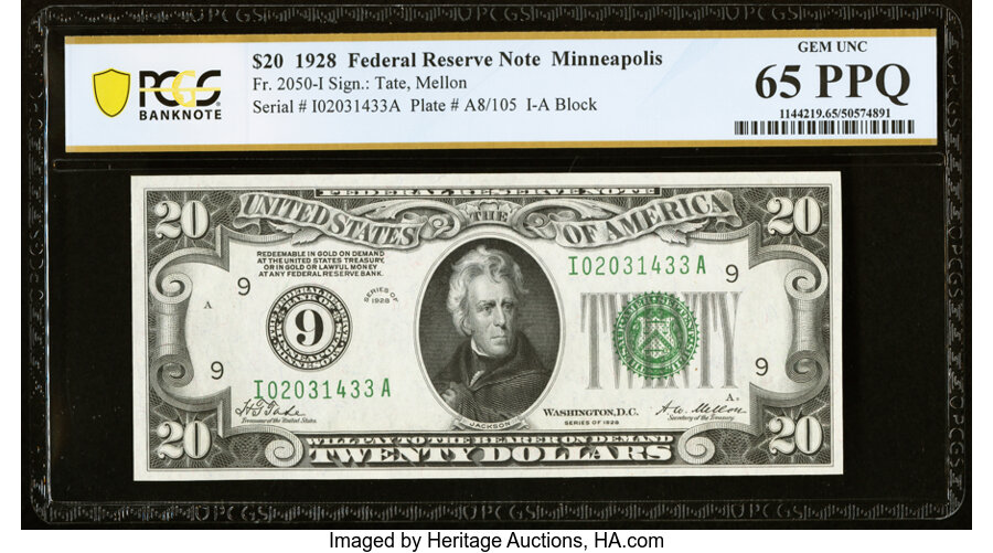 image for: Fr. 2050-I $20 1928 Federal Reserve Note. PCGS Banknote Gem Unc 65 PPQ....