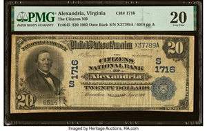 image for: Alexandria, VA - $20 1902 Date Back Fr. 645 The Citizens National Bank Ch. # (S)1716 PMG Very Fine 20....