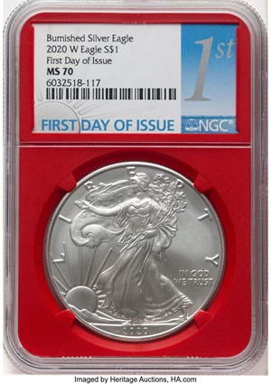image for: 2020-W $1 Silver Eagle, Burnished, First Day of Issue MS70 NGC....