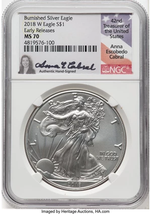 image for: 2018-W $1 Silver Eagle, Early Releases, Burnished, MS70 NGC. Hand-signed, Anna Escobedo Cabral....