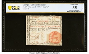 image for: Georgia June 8, 1777 $4 Red "in" PCGS Banknote Choice VF 35 Details....