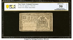 image for: New York April 15, 1758 £10 PCGS Banknote About Unc 50 Details....