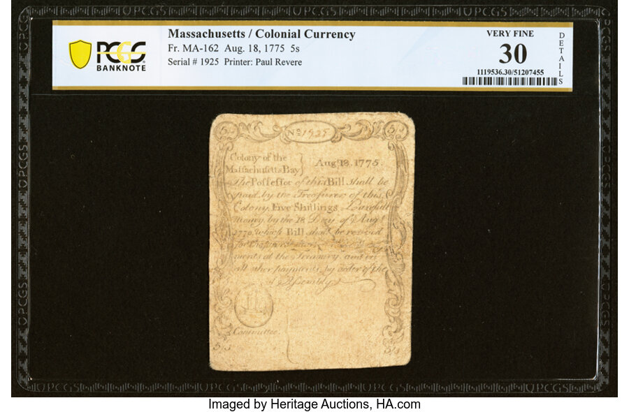 image for: Massachusetts August 18, 1775 5s PCGS Banknote Very Fine 30 Details....