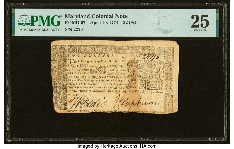 image for: Maryland April 10, 1774 $2 PMG Very Fine 25....