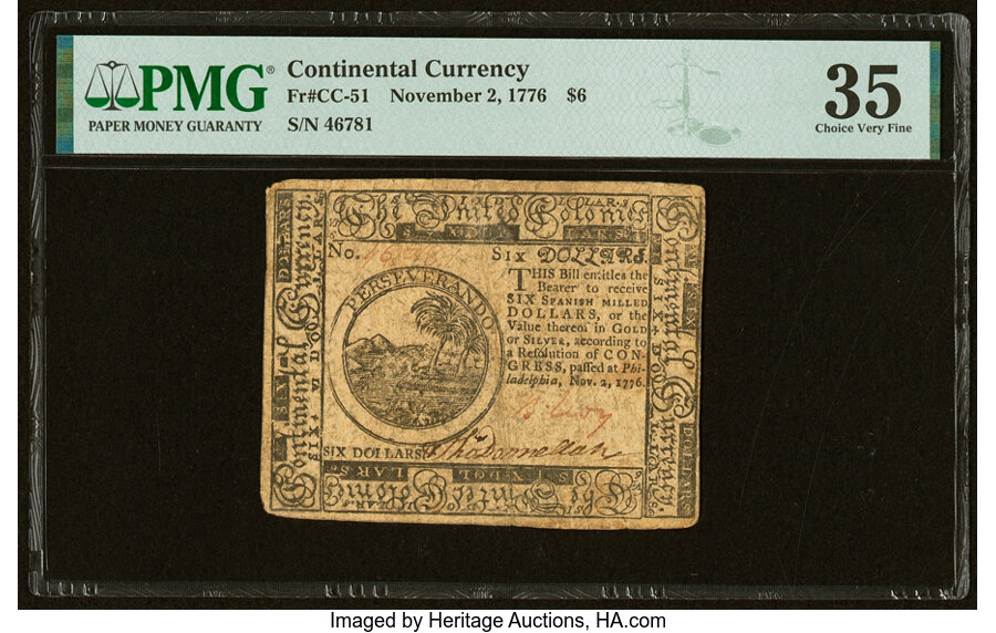 image for: Benjamin Levy Signed Continental Currency November 2, 1776 $6 PMG Choice Very Fine 35....
