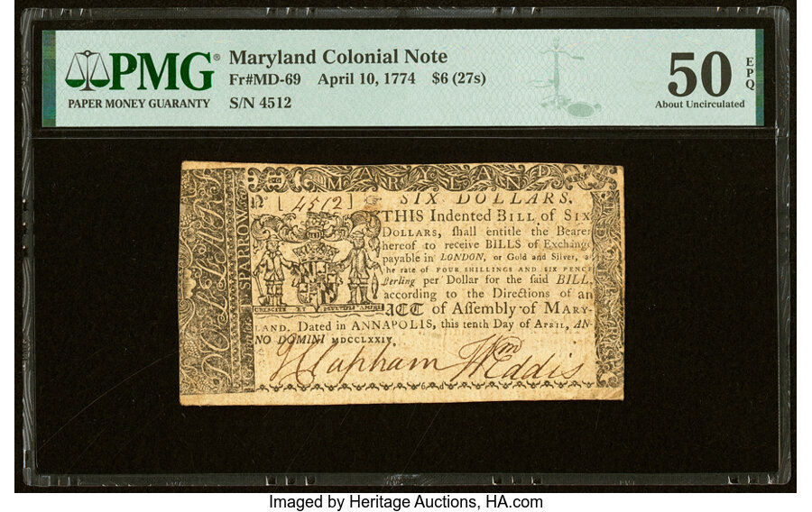 image for: Maryland April 10, 1774 $6 PMG About Uncirculated 50 EPQ....