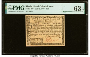 image for: Rhode Island July 2, 1780 $20 Remainder PMG Choice Uncirculated 63 EPQ....