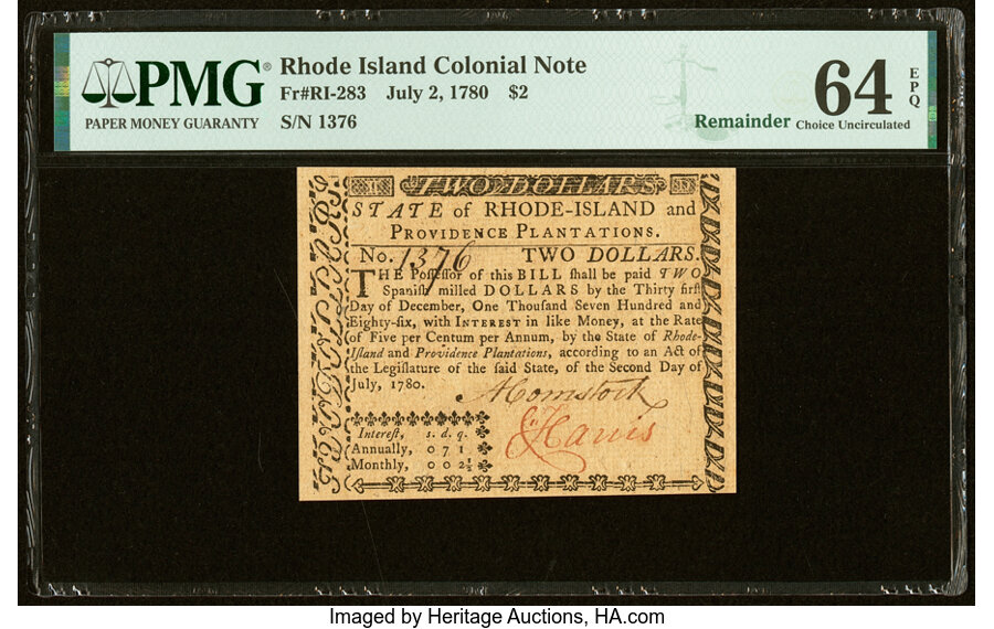 image for: Rhode Island July 2, 1780 $2 Remainder PMG Choice Uncirculated 64 EPQ....