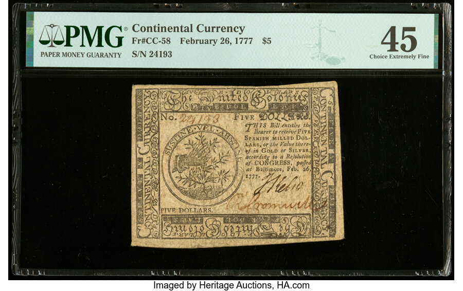 image for: Continental Currency February 26, 1777 $5 PMG Choice Extremely Fine 45....