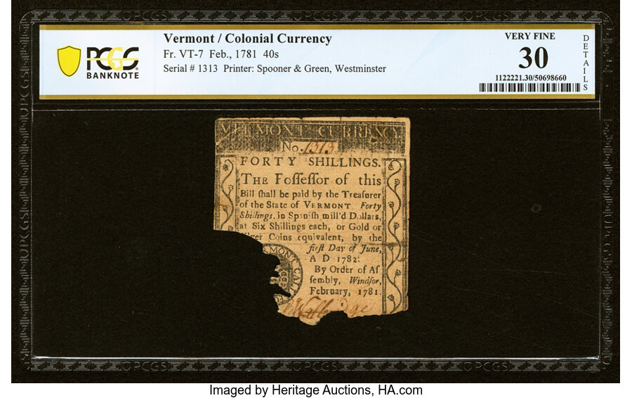 image for: Vermont February 1781 40s PCGS Banknote Very Fine 30 Details. ...