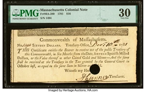 image for: Massachusetts 1781 $16 PMG Very Fine 30....