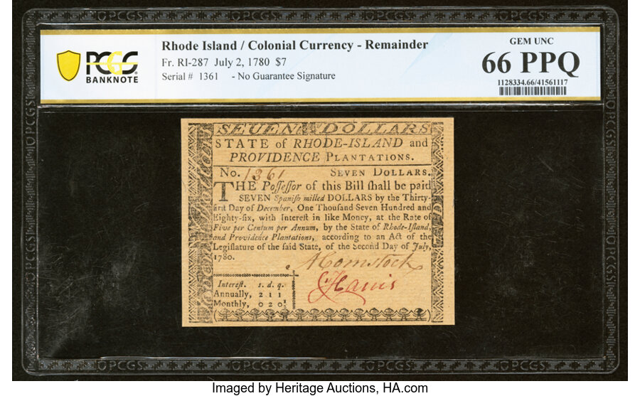 image for: Rhode Island July 2, 1780 $7 Remainder PCGS Banknote Gem Unc 66 PPQ....