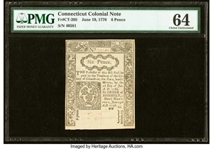 image for: Connecticut June 19, 1776 6d PMG Choice Uncirculated 64....