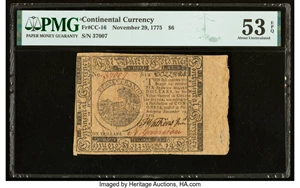 image for: Continental Currency November 29, 1775 $6 PMG About Uncirculated 53 EPQ....