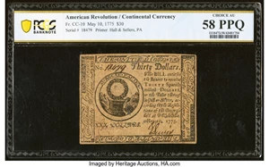 image for: Continental Currency May 10, 1775 $30 PCGS Banknote Choice About Unc 58 PPQ....