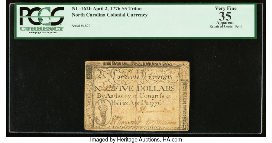 image for: North Carolina April 2, 1776 $5 Triton PCGS Apparent Very Fine 35....