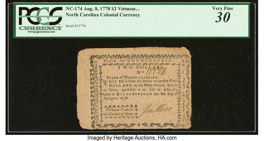 image for: North Carolina August 8, 1778 $2 Virtuous Councils the Cement of States PCGS Very Fine 30....