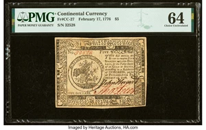 image for: Continental Currency February 17, 1776 $5 PMG Choice Uncirculated 64....