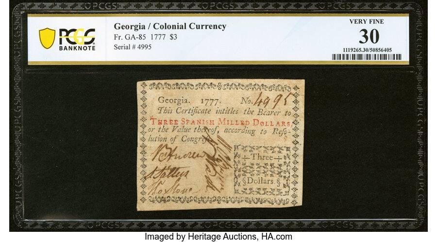 image for: Georgia 1777 $3 PCGS Banknote Very Fine 30....