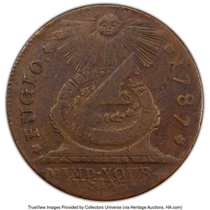 image for: 1787 Fugio Cent, STATES UNITED, 4 Cinquefoils, Pointed Rays, N. 7-T, W-6735, R.4, VF30 PCGS....