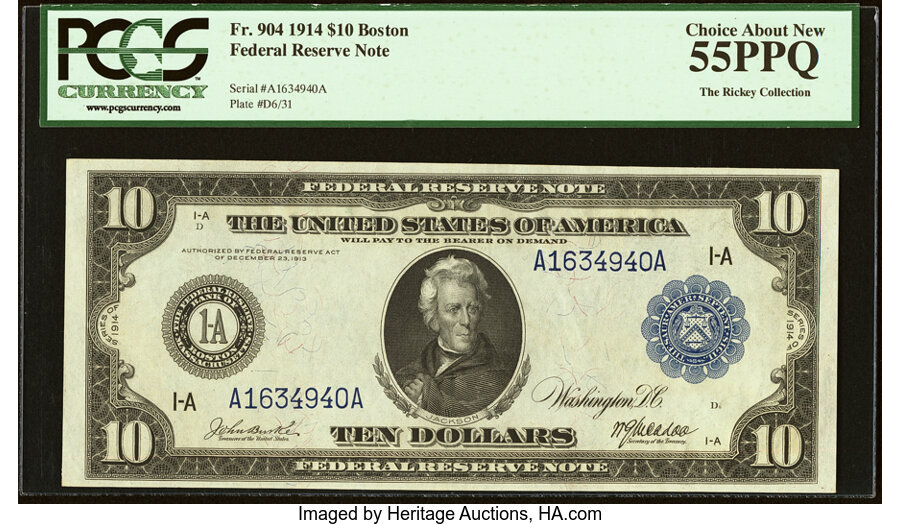image for: Fr. 904 $10 1914 Federal Reserve Note PCGS Choice About New 55PPQ....