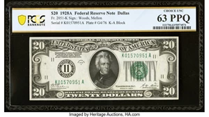 image for: Fr. 2051-K $20 1928A Federal Reserve Note. PCGS Banknote Choice Unc 63 PPQ....