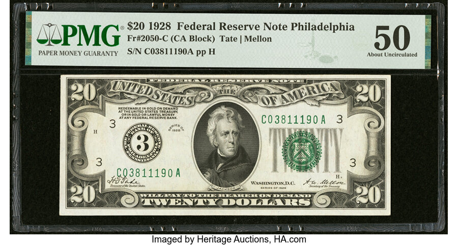 image for: Fr. 2050-C $20 1928 Federal Reserve Note. PMG About Uncirculated 50....